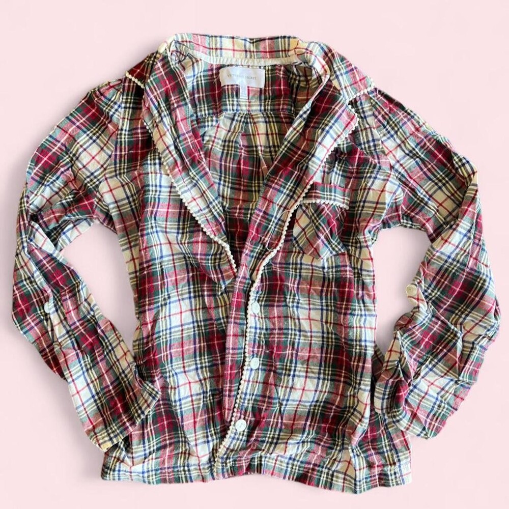 XS Victoria Secret Plaid Pajama Top with Ruffle trim, glitter accents, and adora